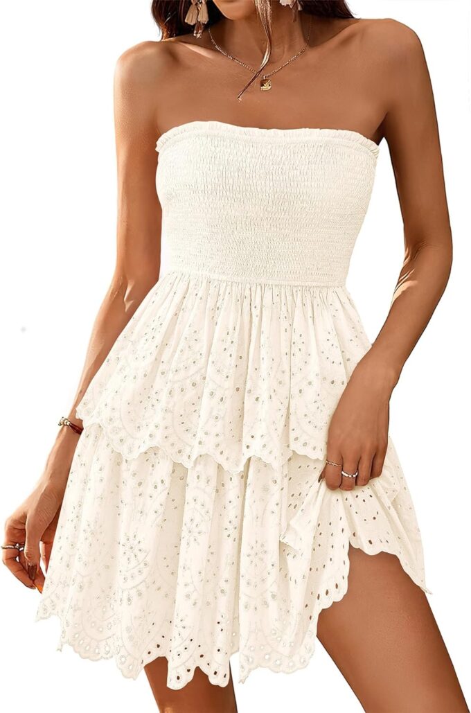 BTFBM Summer Dresses for Women 2025 Tube Strapless Mini Hollow Out Lace Wedding Guest Dress