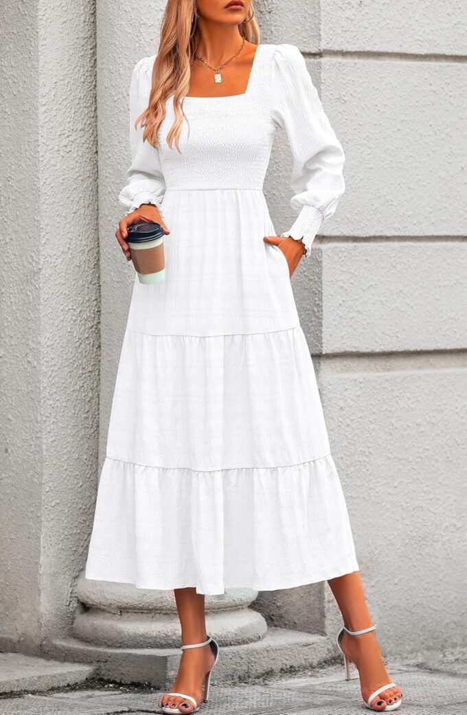 KIRUNDO Women Fall Wedding Guest Maxi Dress Elegant Puff Long Sleeve Summer Smocked Empire Waist Swing Flowy Long Dresses – Bild 6