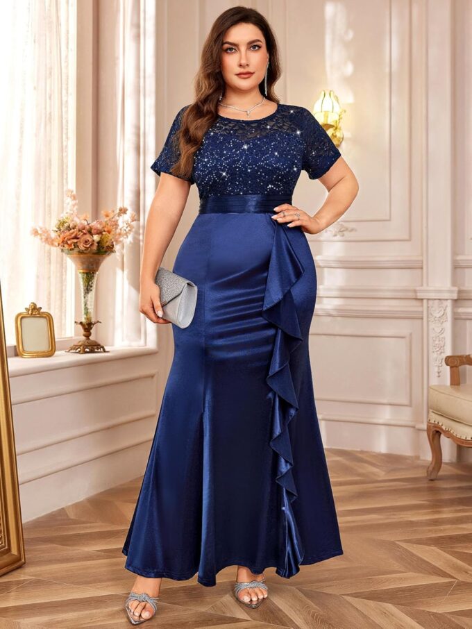 Miusol Women's Plus Size Lace Contrasted Satin Ruffled Trim Mermaid Hem Sequin Maxi Evening Dress – Bild 3