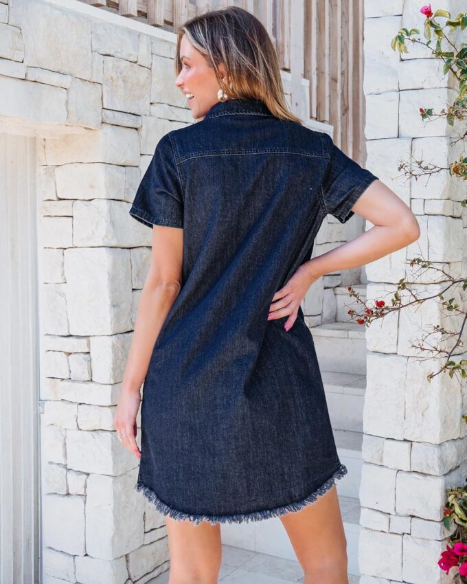 luvamia Denim Dresses for Women Distressed Summer Short Sleeve Button Down Collared Raw Hem Jean Shirt Dress with Pocket – Bild 2