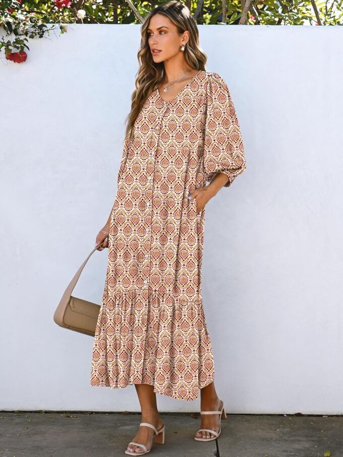 ANRABESS Boho Maxi Dresses for Women Summer Puff Sleeve V Neck Flowy Long Casual Dress with Pockets 2025 Vacation Outfits – Bild 3