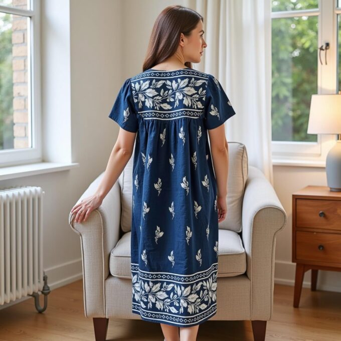 Loungees Short Sleeve Royal Monotone Lounge House Dress Caftan - 3 Button Bib Yoke and Pockets – Bild 4