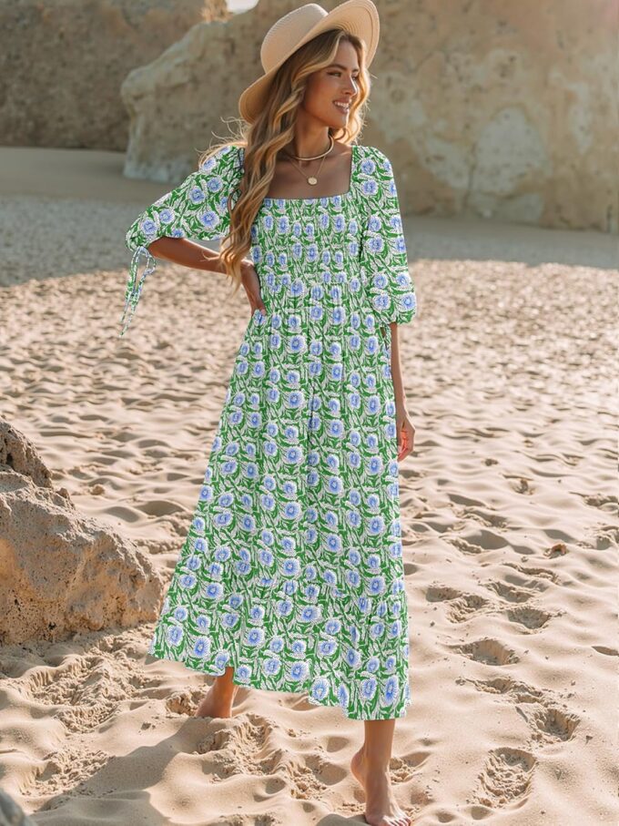 Women Boho Maxi Dresses Summer 2025 Puff Sleeve Square Neck Smocked Aline Casual Ruffle Tiered Flowy Beach Long Dress Pocket – Bild 4