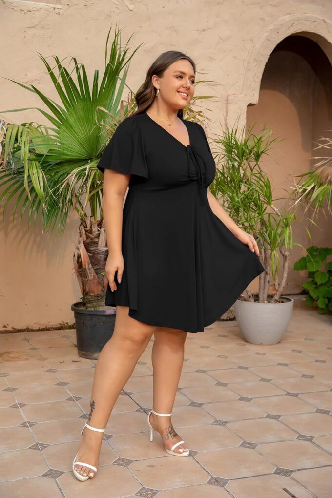 Women's Plus Size Dresses Casual Flowy Dress with Pocket Short Ruffle Sleeve V Neck Drawstring Bow Summer – Bild 8
