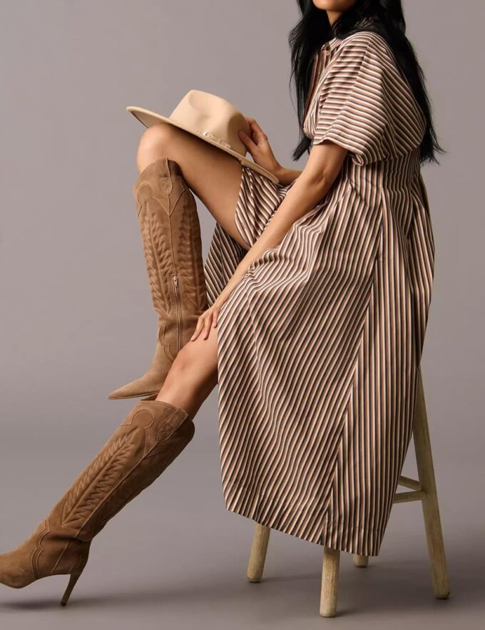 Women Casual Striped Button Down Pleated Shirt Maxi Dress Summer Lapel V Neck Short Sleeve Empire Waist Long Dress – Bild 3