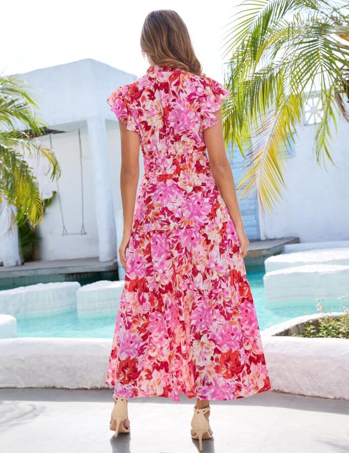 Kranda 2025 Women Summer Self-tie V Neck High Waist Ruffle Cap Sleeve Flowy Tiered Long Boho Floral Maxi Dress with Pockets – Bild 3