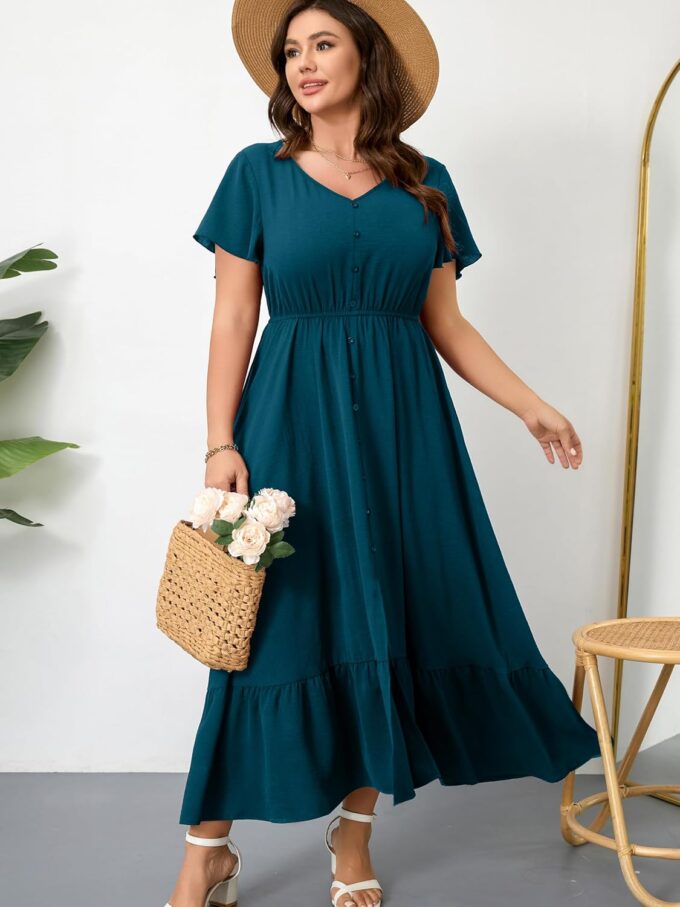 RWJ Women Plus Size Maxi Dress V Neck Short Sleeve Button Trim Split Flowy Tiered Casual Long Dresses 2025 L-3XL – Bild 2