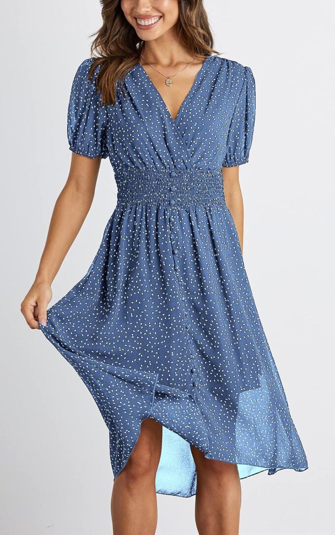 PRETTYGARDEN Women's Floral Wrap V-Neck Midi Dress Short Sleeve Boho Summer Beach Long Dress High Low Hem Smocked Dress Women – Bild 6
