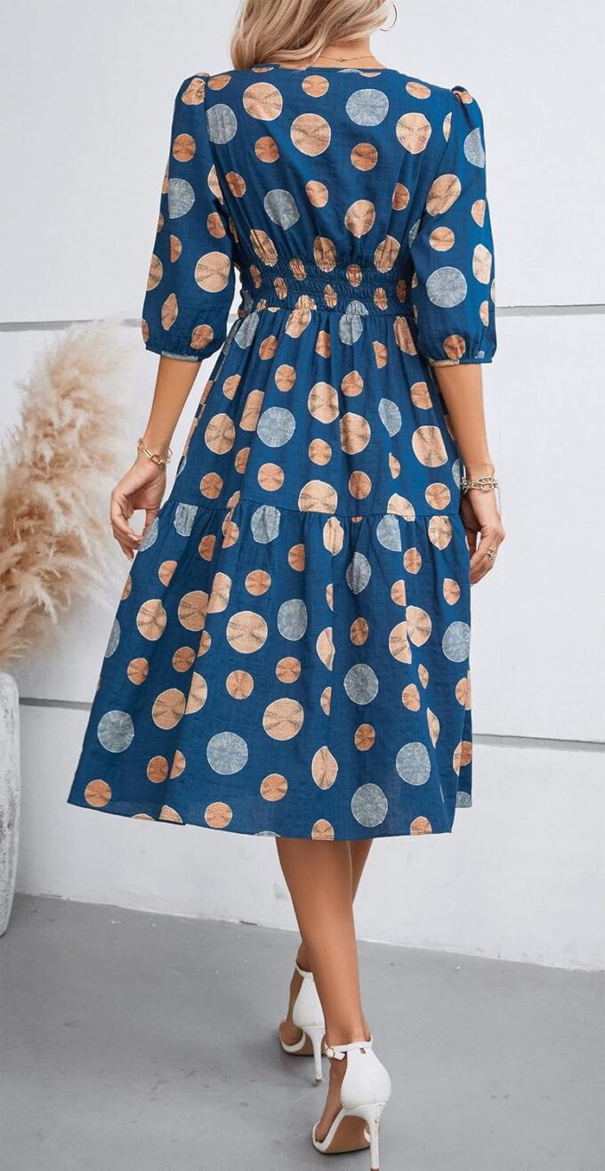 Kormei Women Casual Boho Floral Round Neck 3/4 Sleeve Smocked Waist Tiered A Line Flowy Swing Midi Dress Long Dresses – Bild 5