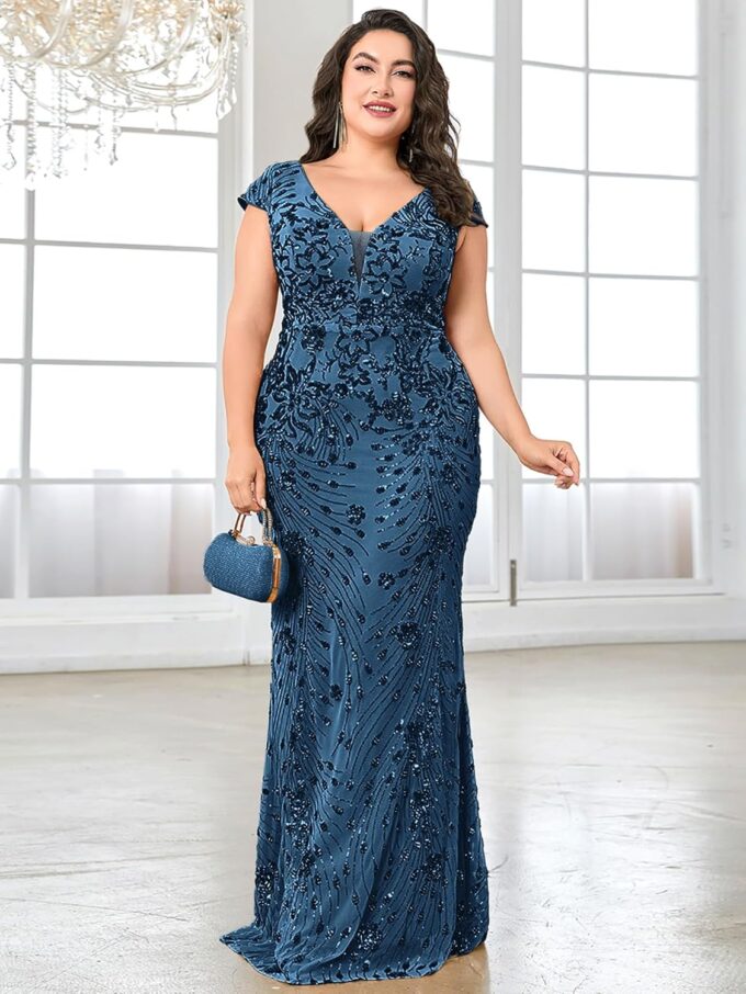 Plus Size Womens Sequined Long Evening Gown Glamous Sleeveless V-Neck Mermaid Prom Dress for Wedding Party – Bild 6