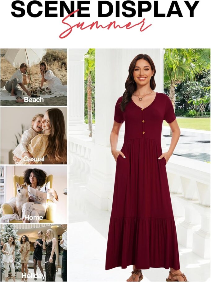 VIISHOW Women's Short Sleeve Maxi Dress 2025 Summer V Neck Knit Loose Plain Empire Waist Casual Dresses with Pockets – Bild 6