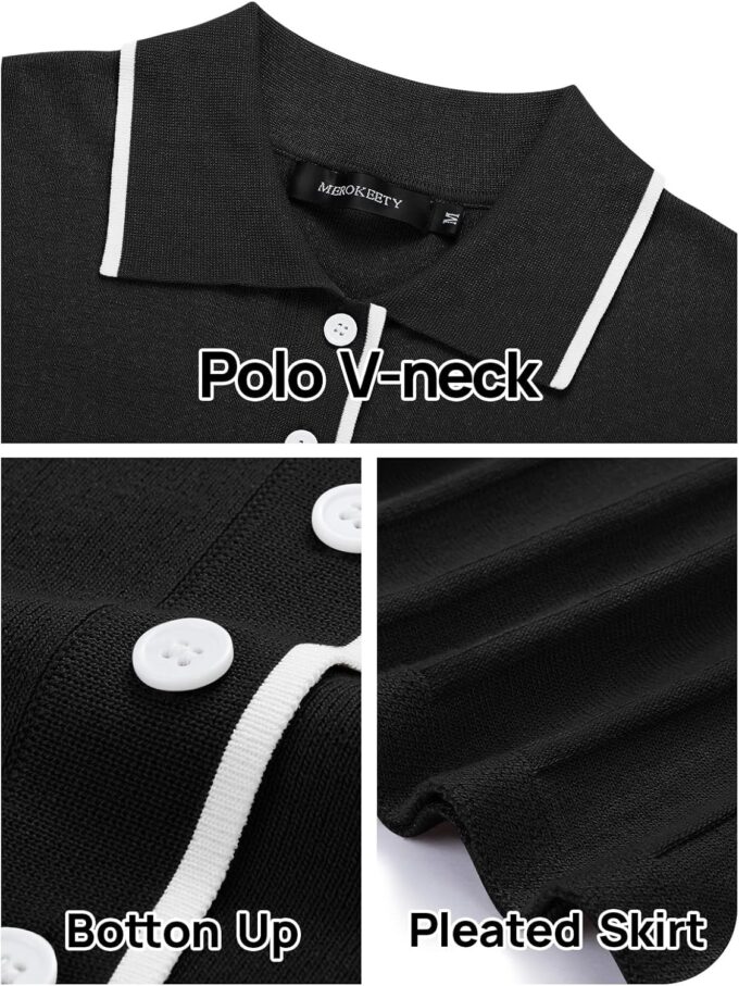 MEROKEETY Women's Summer Ribbed Knit Midi Dresses Short Sleeve V Neck Button A Line Swing Sweater Dress – Bild 5