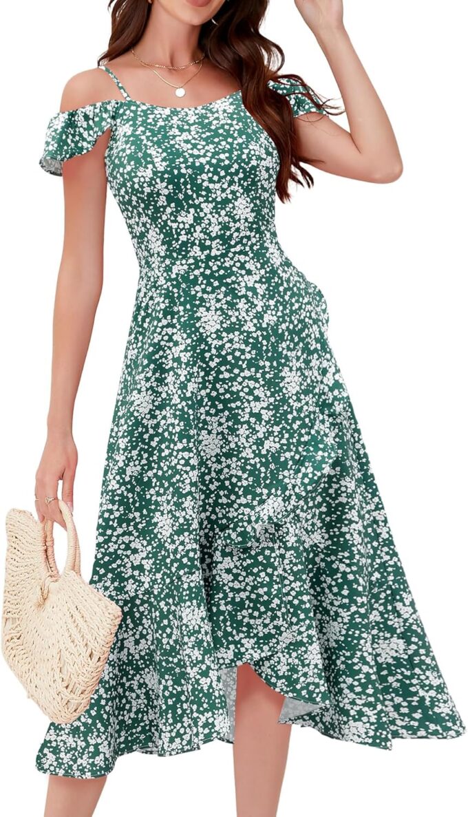 Aupuls Women Off Shoulder Summer Floral Dress 2025 Casual Beach Vacation Midi Dresses