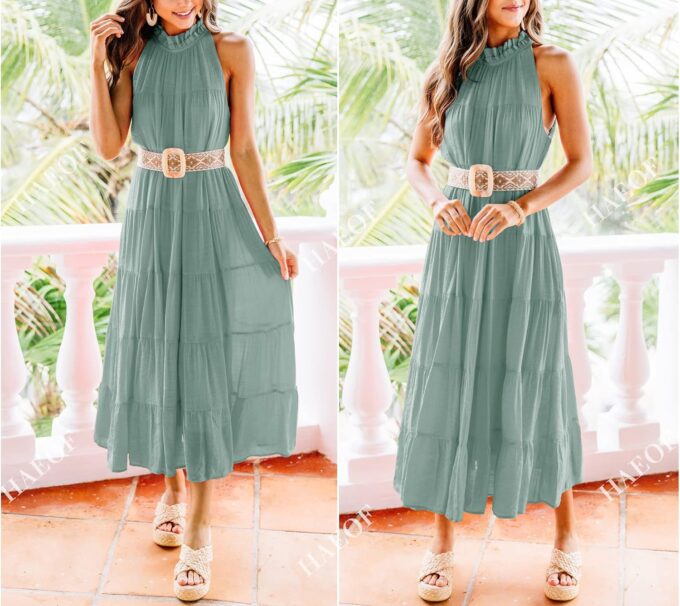 HAEOF Women's Summer Sleeveless Halter Midi Maxi Dress Casual Loose Fit Pleated Tiered Flowy Beach Vacation Long Sundress – Bild 5
