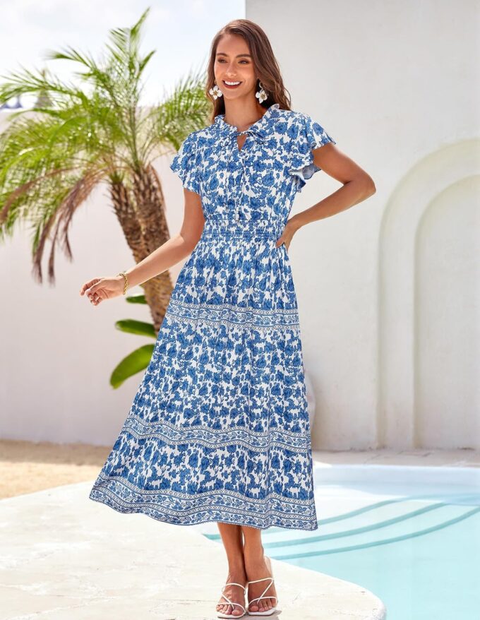 GRACE KARIN Women's Floral Boho Dress Hawaiian Dresse Short Sleeve V Neck Summer Beach Wedding Guest Swing Maxi Sundress – Bild 2