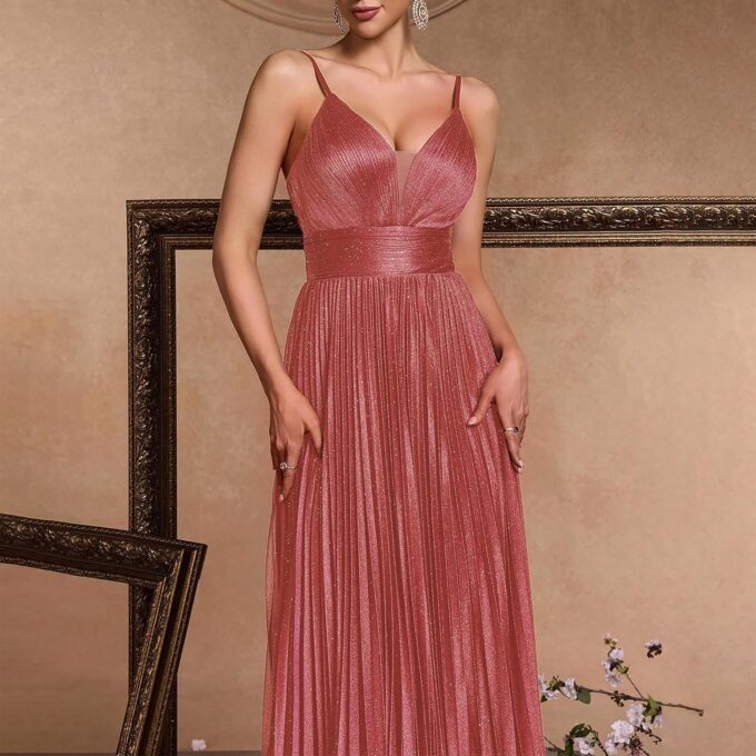 Sexy Backless Maxi Formal Dress for Women with Sequin, Sleeveless Pleated Evening Gowns for Wedding and Cocktail – Bild 5