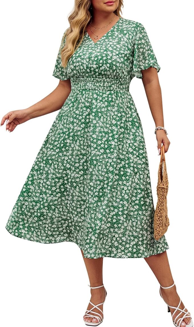 Hanna Nikole Women's Plus Size Summer Floral Dress Casual Short Sleeve Sundress Swing A Line Maxi Dresses with Pockets