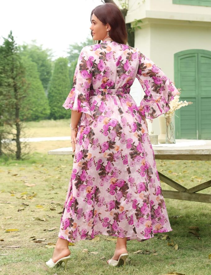 Women's V Neck Floral Dress Bell Half Sleeve Smocked Waist Side Split Flowy A Line Maxi Wedding Guest Dresses – Bild 5
