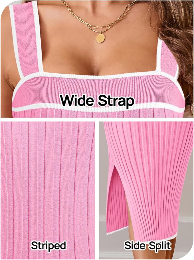 MEROKEETY Women's 2025 Summer Bodycon Midi Dress Vacation Sleeveless Ribbed Knit Striped Sweater Dresses – Bild 4