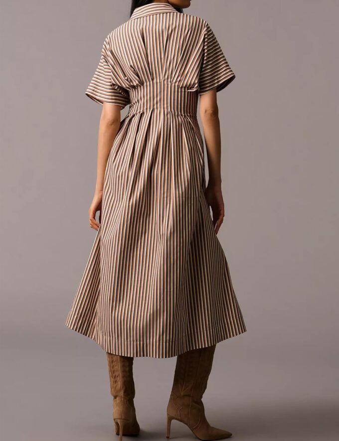 Women Striped Button Front Pleated Maxi Shirt Dress Short Sleeve Collar V Neck Summer Casual Corset Long Dress – Bild 2
