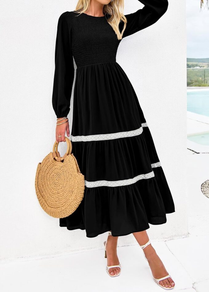 KIRUNDO Womens Smocked Long Sleeve Maxi Dress Wedding Guest Spring Fall Boho Tiered Lace Trim Flowy Long Dresses Pockets – Bild 5