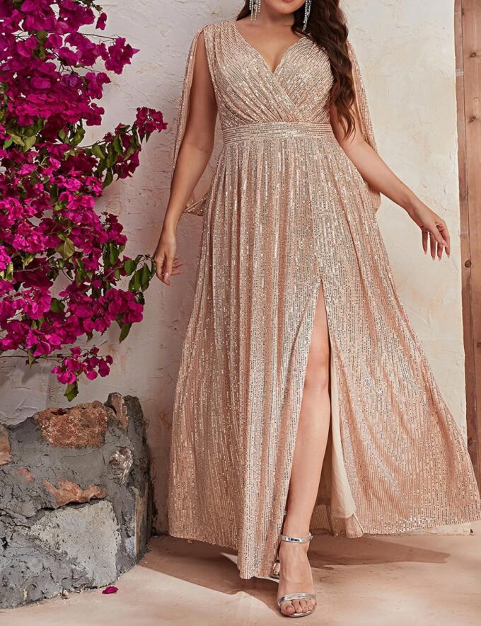 Madam Uniq Women Plus Size Sequin Dress Ribbon Sleeve V Neck Maxi Cocktail 1920s Evening Gown Wedding Guest Dresses – Bild 6