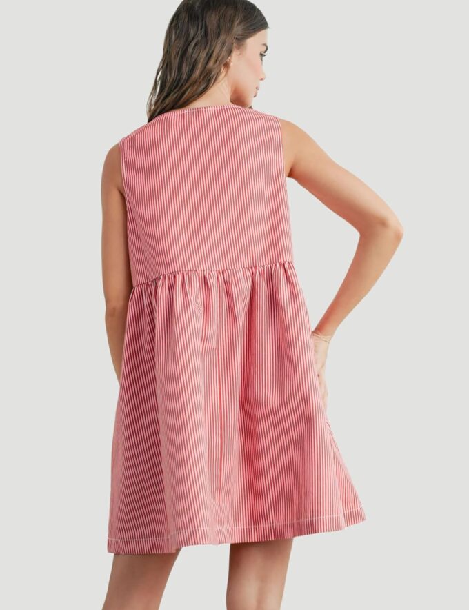Womens Mini Red Stripe Bowknot Dress Round Neck Sleeveless A Line Casual Dresses – Bild 4