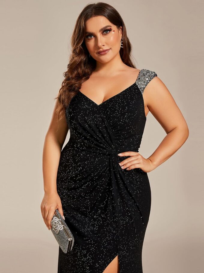 Ever-Pretty Women's Stretchy V-Neck Sleeveless High Slit Glitter Bodycon Plus Size Ball Gowns Formal Dresses for Curvy Women – Bild 5