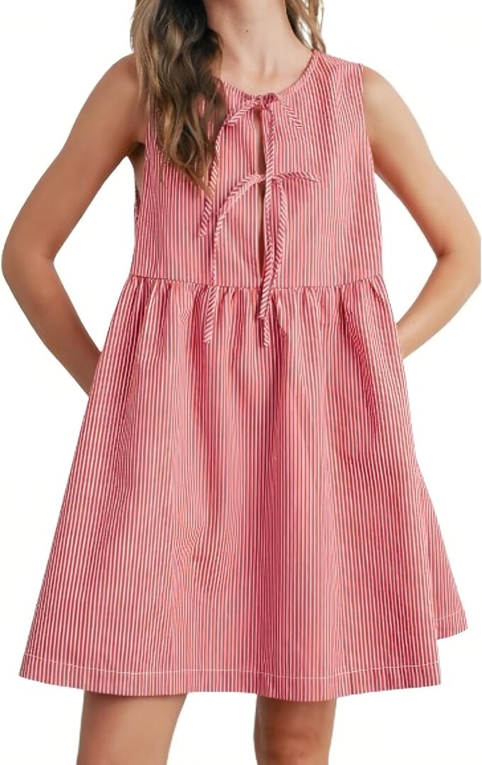 Womens Mini Red Stripe Bowknot Dress Round Neck Sleeveless A Line Casual Dresses