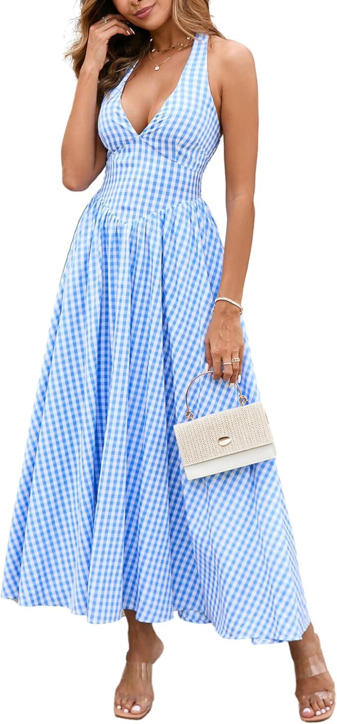 Parthea Women's Summer Midi Dress Smocked Gingham Halter V Neck Sundress Elegant Flowy A Line Beach Long Dresses