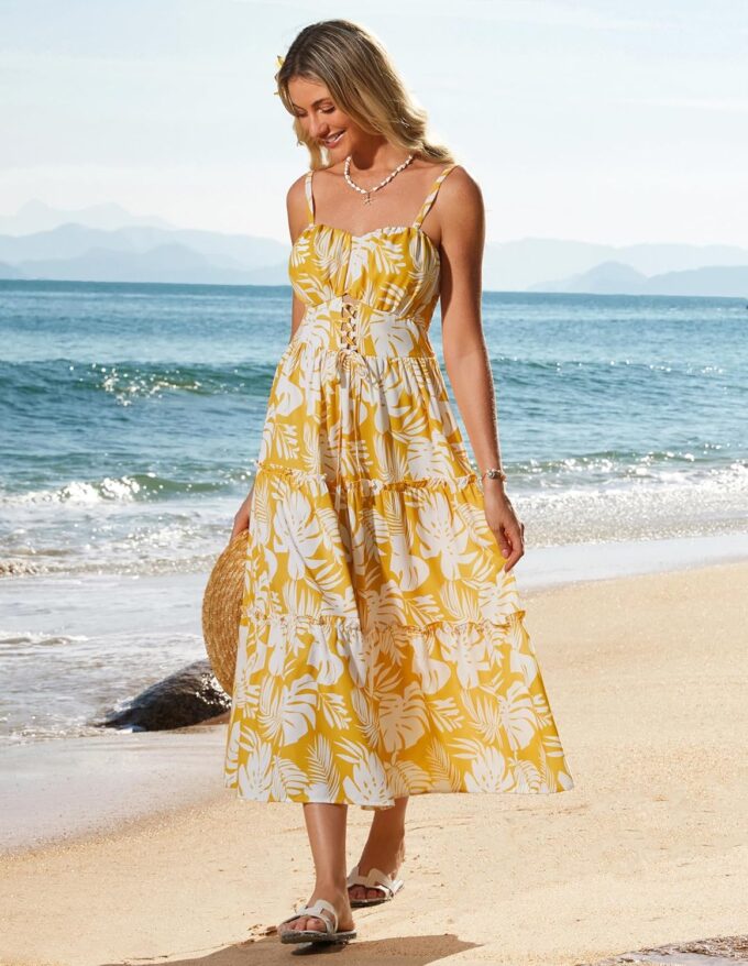 GRACE KARIN Women's Summer Floral Dress 2025 Spaghetti Strap Smocked Tiered Casual Boho Maxi Long Sundress with Pockets – Bild 3
