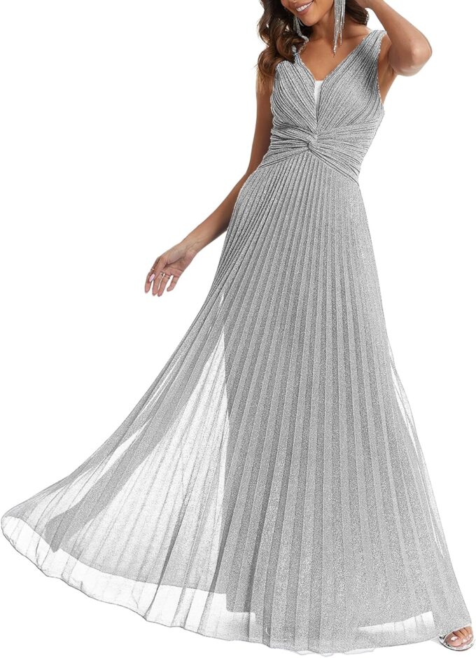 Women's V Neck High Waist Pleated Evening Dress Sleeveless A-Line Gown with Waist Tie