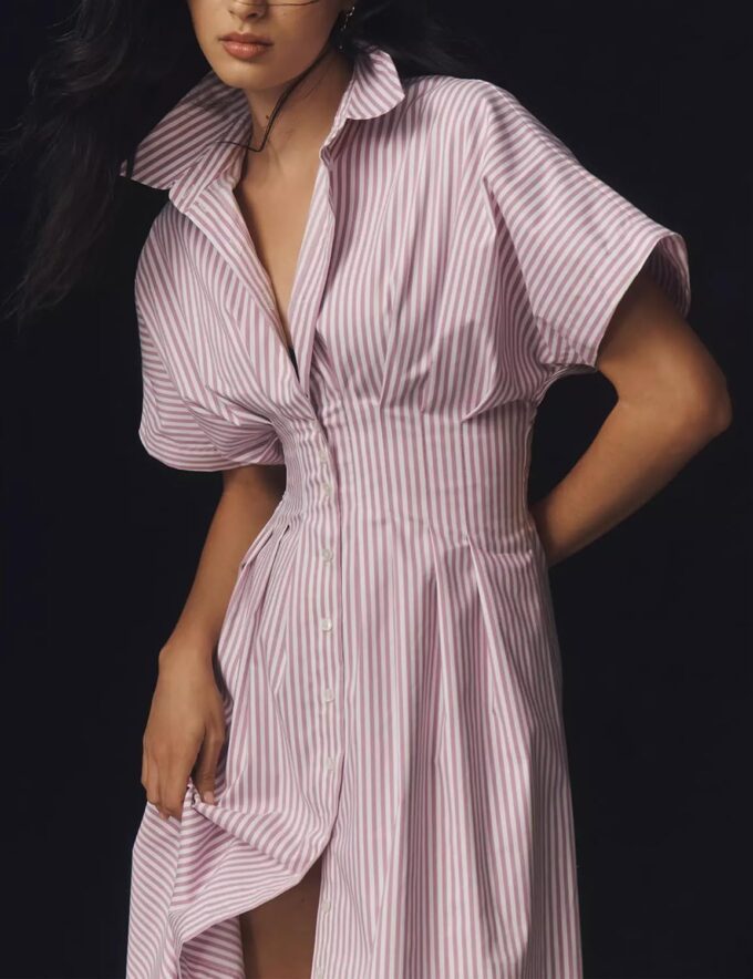 Women Striped Button Front Pleated Maxi Shirt Dress Short Sleeve Collar V Neck Summer Casual Corset Long Dress Purple – Bild 4