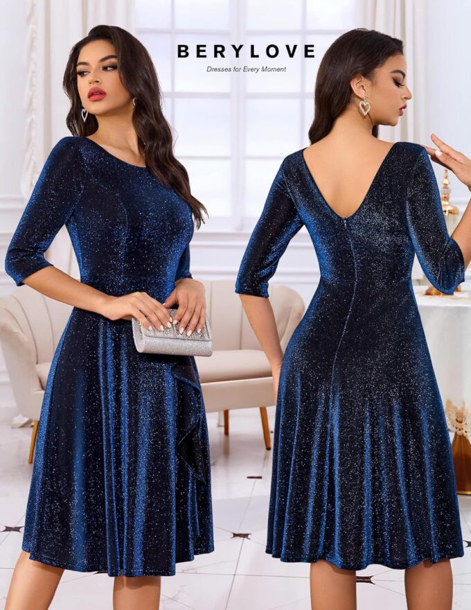 BeryLove Women Glitter Formal Party Dress 3/4 Sleeve Sparkly Cocktail Midi Prom Dress – Bild 2