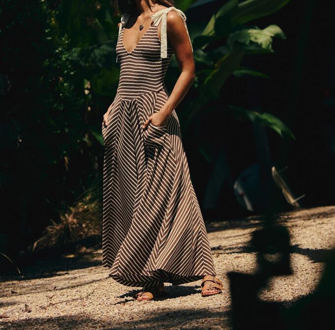 Women Casual Summer Dresses Smocked V Neck Beach Dress Striped Sleeveless Sundress Flowy Long Dress with Pockets – Bild 3
