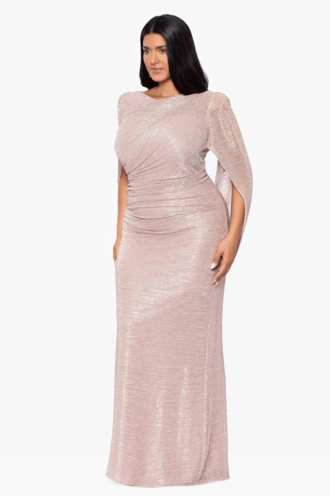 Betsy & Adam Women's Plus Size Long Metallic Stretch Cowl Neck Drape Back Dress – Bild 3