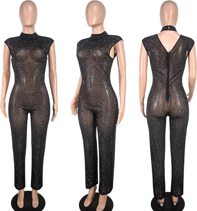 Women Sexy Elegant Sparkly Rhinestone Bodycon Jumpsuit Wide Leg Mesh See Through Party Club Night Outfit – Bild 5