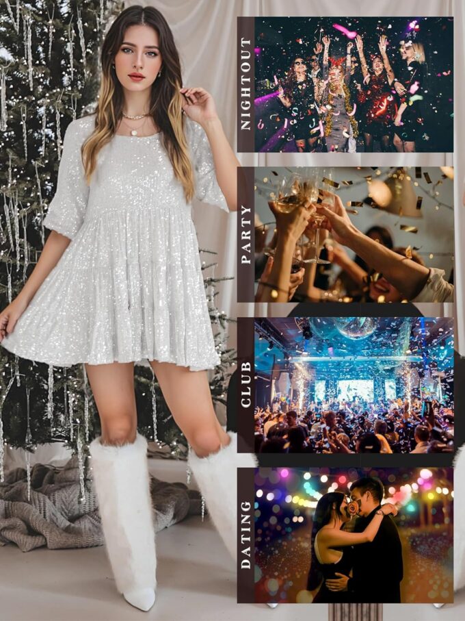 MAYSTEPPE Sparkly Glitter Dress, Sequin Babydoll Summer Dress Short Flowy Tiered Tunic Dress for Women Party Club Night – Bild 6