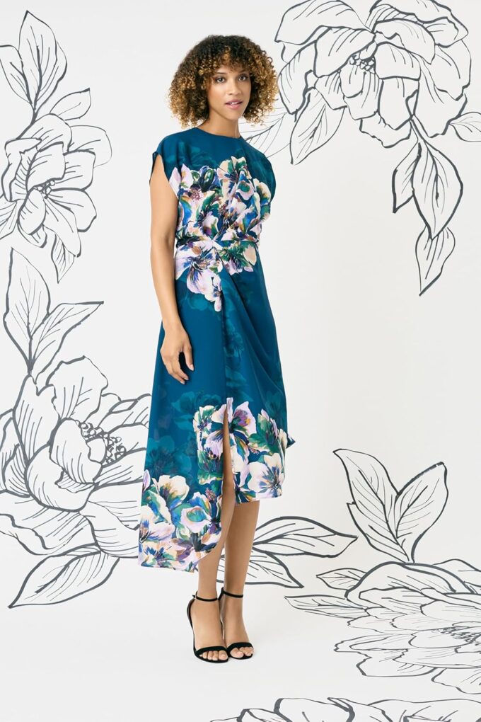 Maggy London Midi Sleeveless with Ruched Waist, Asymmetric Ruffle Hem, Floral Dress for Women – Bild 4