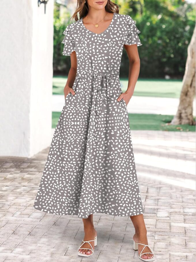 ANRABESS Women's Summer Casual Floral Dress Ruffle Cap Sleeve V Neck 2025 Vacation Flowy Beach Midi Long Dresses with Belt – Bild 8