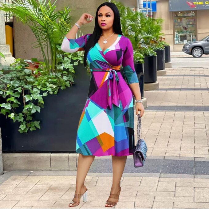 Womens Plus Size Summer Dresses Sexy V Neck Midi Dress Faux Wrap Dress 3/4 Sleeve Boho Casual Floral A-Line Skirts – Bild 4