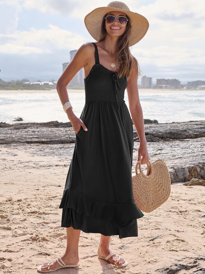 Caracilia Women's Smocked Maxi Dress Summer Casual Boho Sleeveless Strap Ruffle Backless Swing Flowy Beach Long Sundress – Bild 7