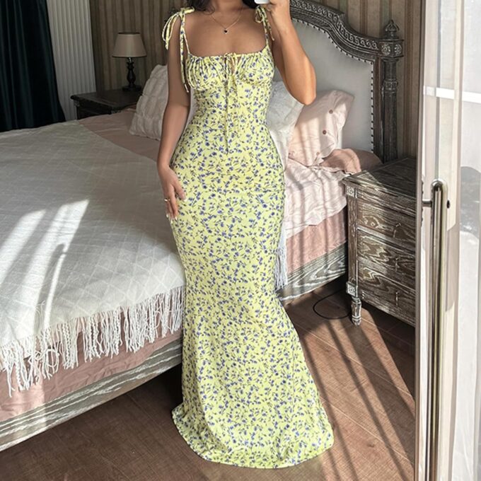 Women Backless Maxi Dress Sexy Sleeveless Spaghetti Strap Floral Bodycon Maxi Dress Cocktail Party Long Dress – Bild 2