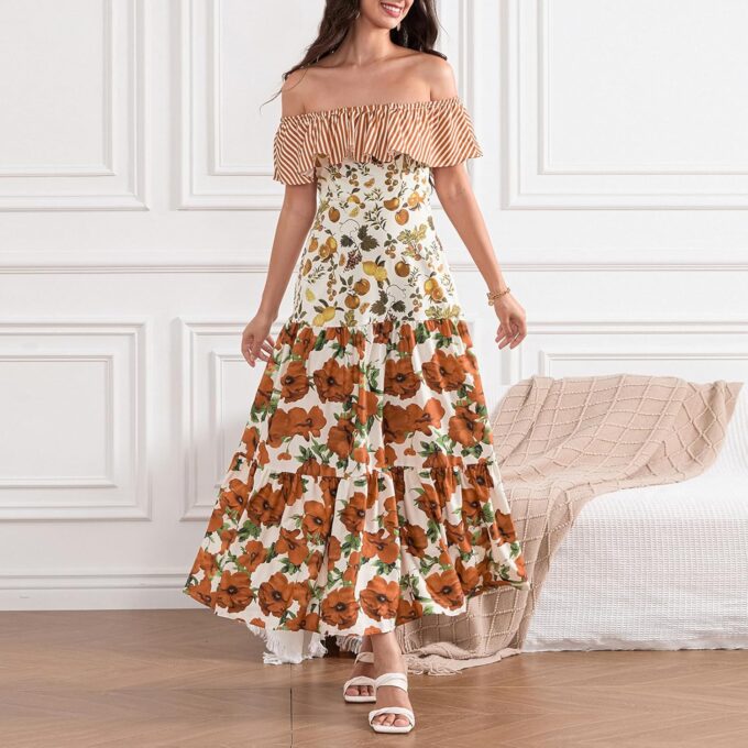 Woman Summer Floral Off Shoulder Long Dress Elastic Ruffled Short Sleeves Maxi Dresses Slim Fit Smocking Dress – Bild 7