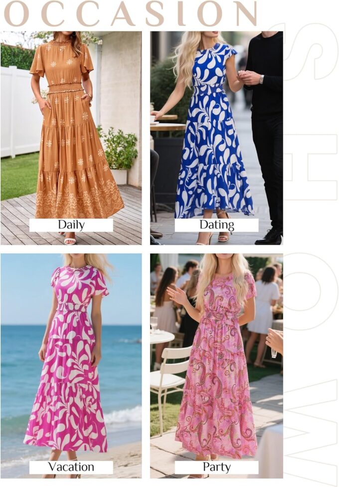 KIRUNDO Maxi Dresses for Women 2025 Floral Short Sleeve Spring Summer Smocked Waist Round Neck Flowy Beach Vacation Dress – Bild 6
