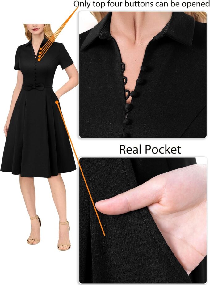 VFSHOW Damen-Kleid, Businesskleid, Arbeit, Büro, Gürtel, Knöpfe, Taschen, Kragen, Skaterkleid, A-Linie – Bild 6