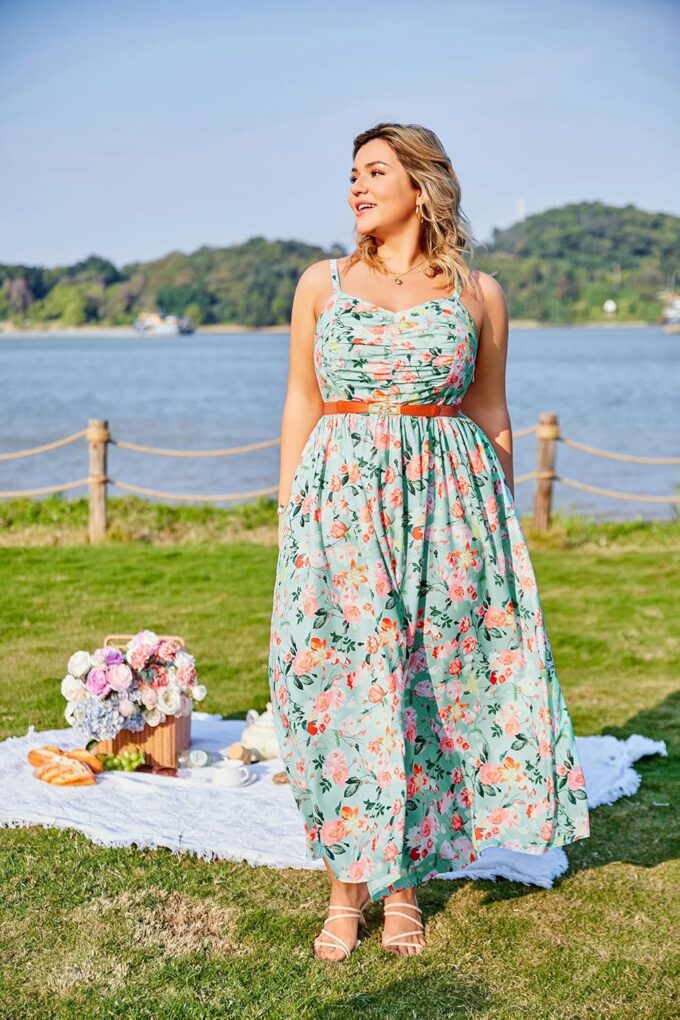 Hanna Nikole Women‘s Plus Size Casual Spaghetti Straps Bohemian Maxi Dress V Neck Flowy Dress with Pockets – Bild 5