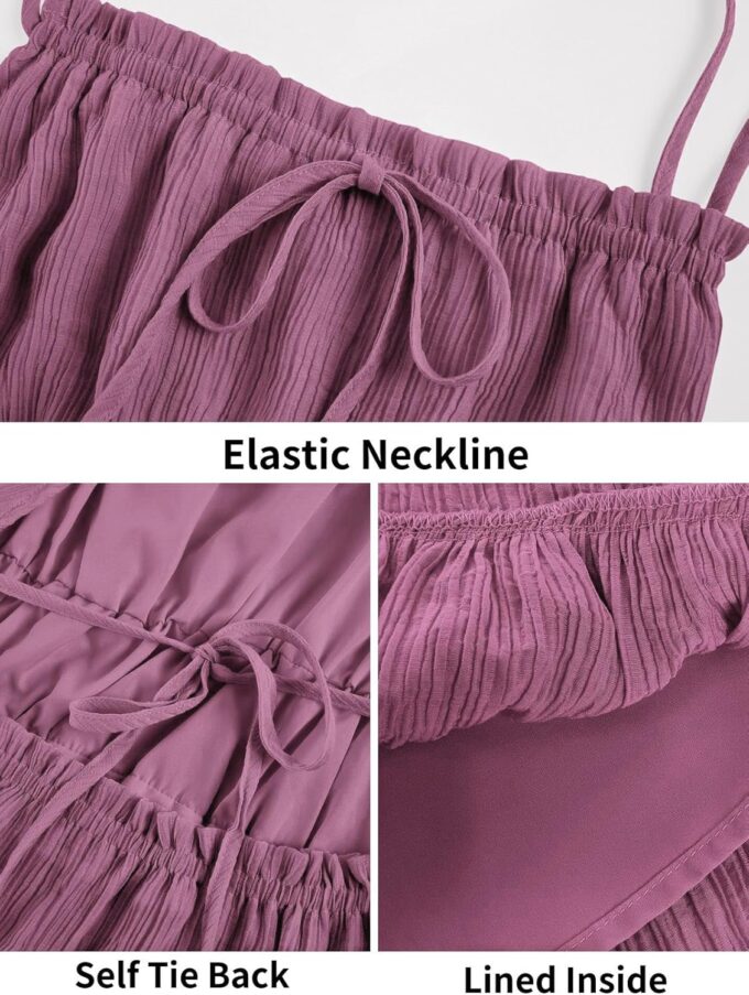 Wenrine Womens Summer Beach Dresses Backless Spaghetti Straps Self Tie Tiered Flowy Casual Maxi Dress with Pockets – Bild 4