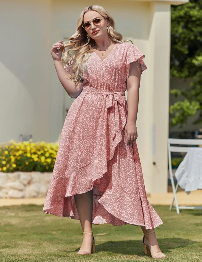 IN'VOLAND Plus Size Womens Floral Summer Dress Casual Wrap V Neck Short Sleeve Belted Beach Bohemian Maxi Dress – Bild 7