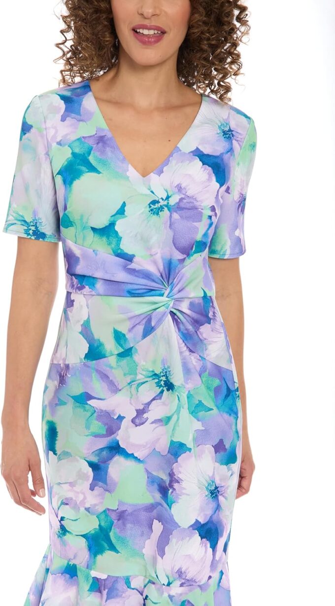 London Times Women's Elegant Midi V-Neck Short Sleeve Twist Waist Flounce Hem-Special Occasion Cocktail Dresses – Bild 5